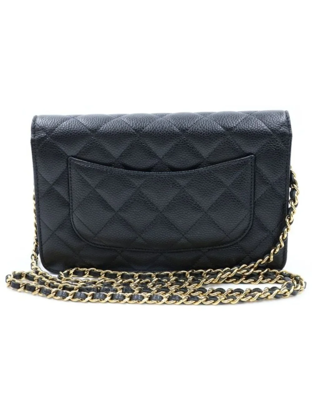 Chanel Quilted Caviar Leather Chain Wallet Shoulder Bag Gold Black Plate